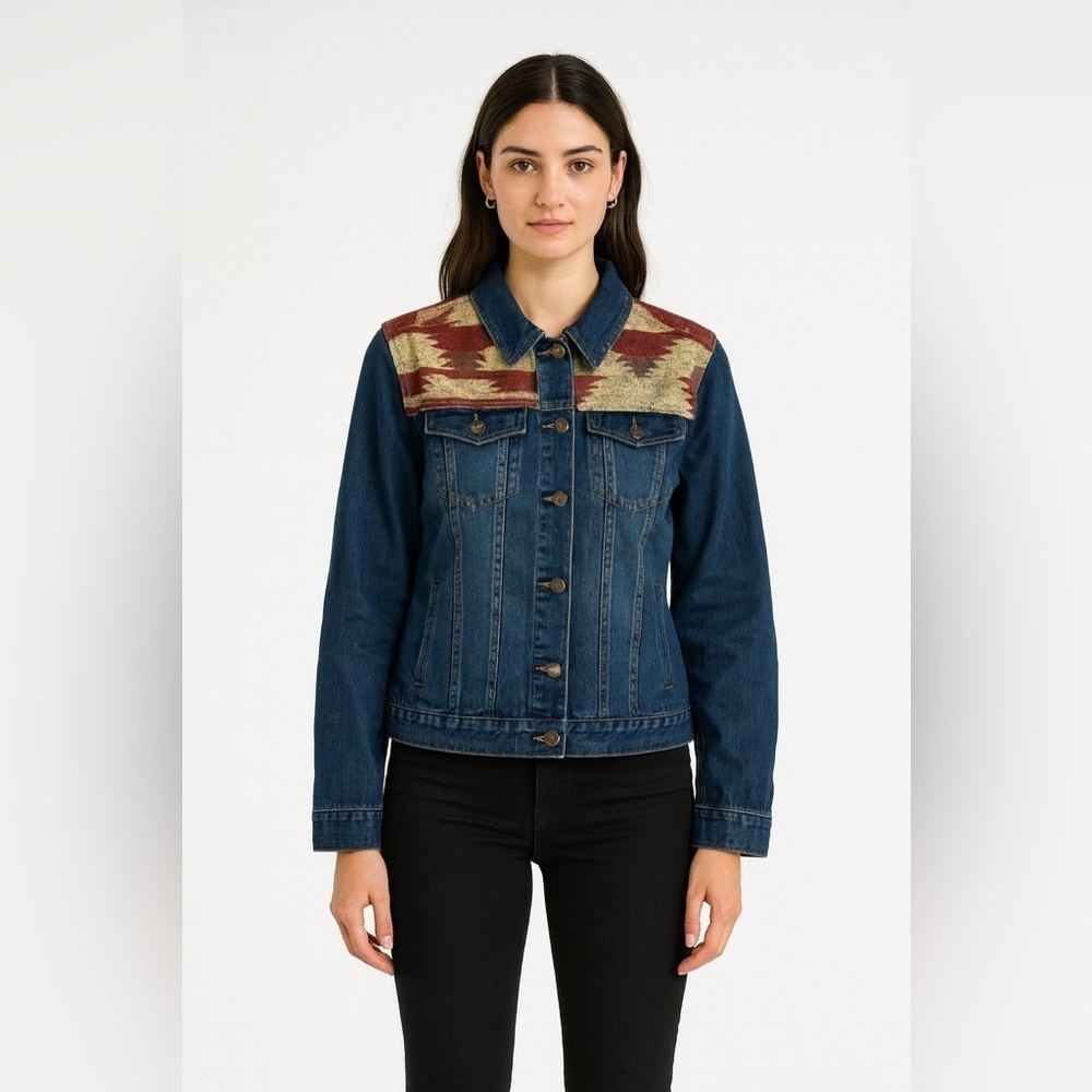 Frye and Co Denim Jean Jacket Western Aztec Southwestern Trucker Size XL